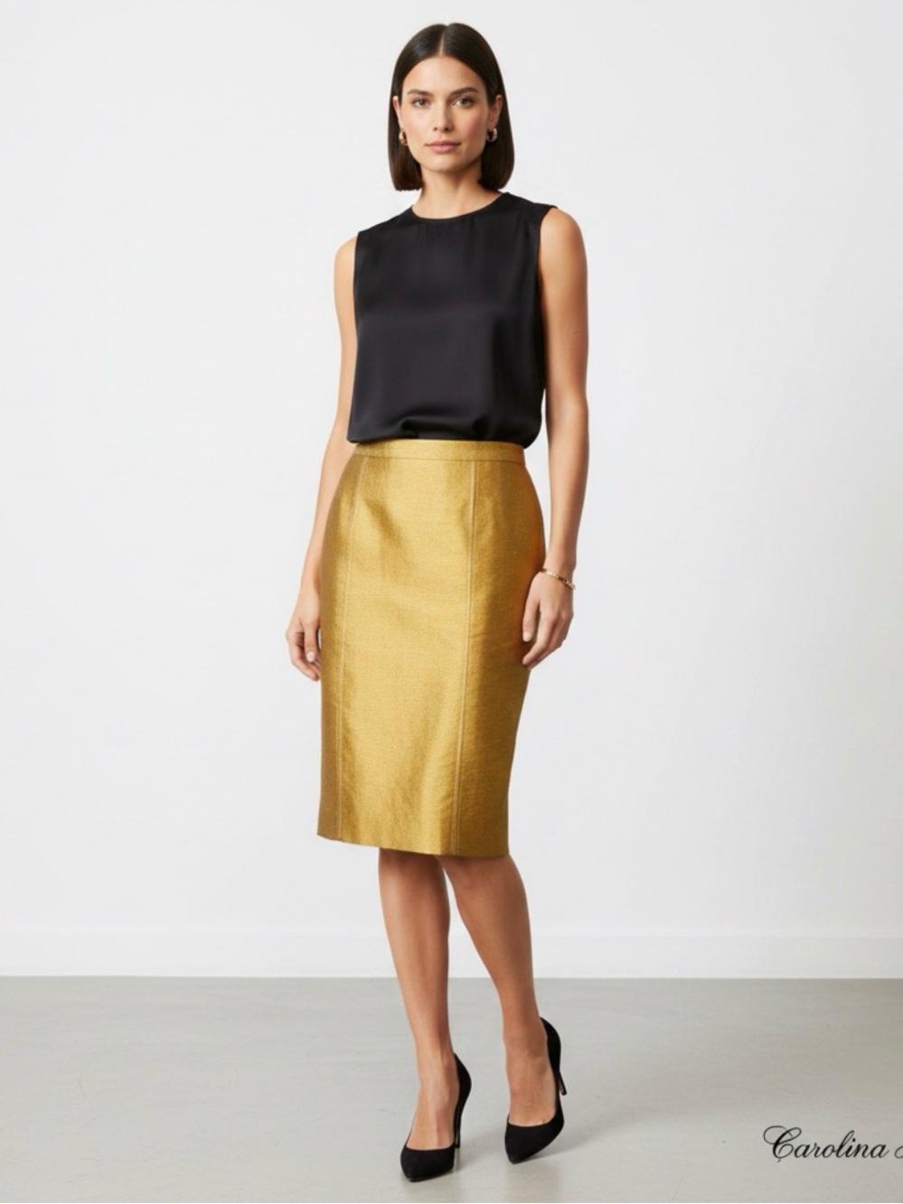 Carolina Herrera gold pencil skirt